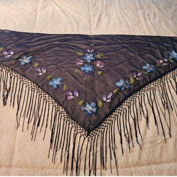 Floral Embroidered Sheer Triangle Shawl with Beads And Fringe - Picture 1 of 4